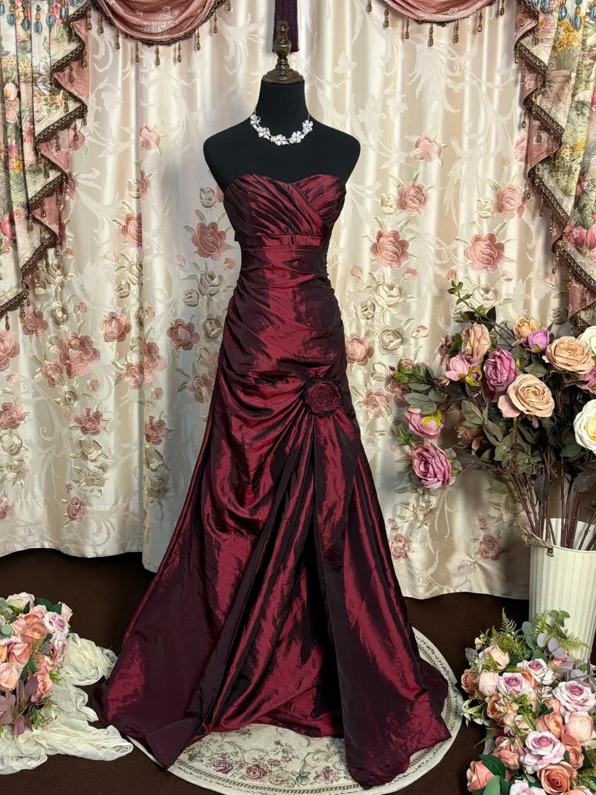 Wine Red Taffeta Scoop Long Formal Dress, Wine Red Taffeta A-Line Prom Dress Evening Dress Main image