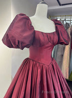 Wine Red Taffeta Short Sleeves Long Formal Dress, Wine Red Evening Dress Prom Dress