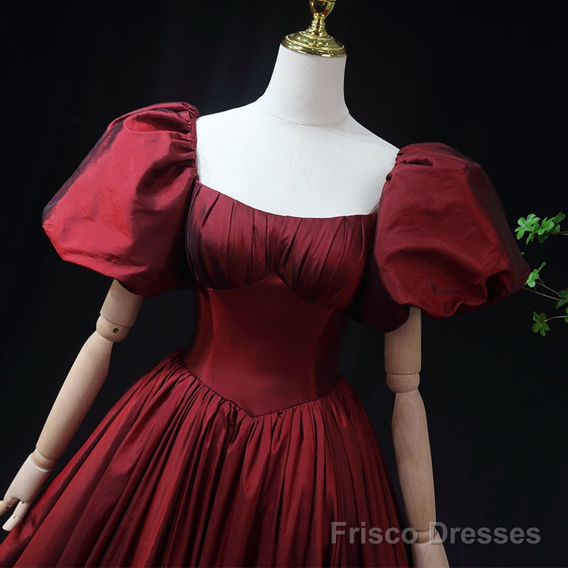 Wine Red Taffeta Short Sleeves Long Prom Dress, Wine Red Evening Dress Formal Dress Secondary image