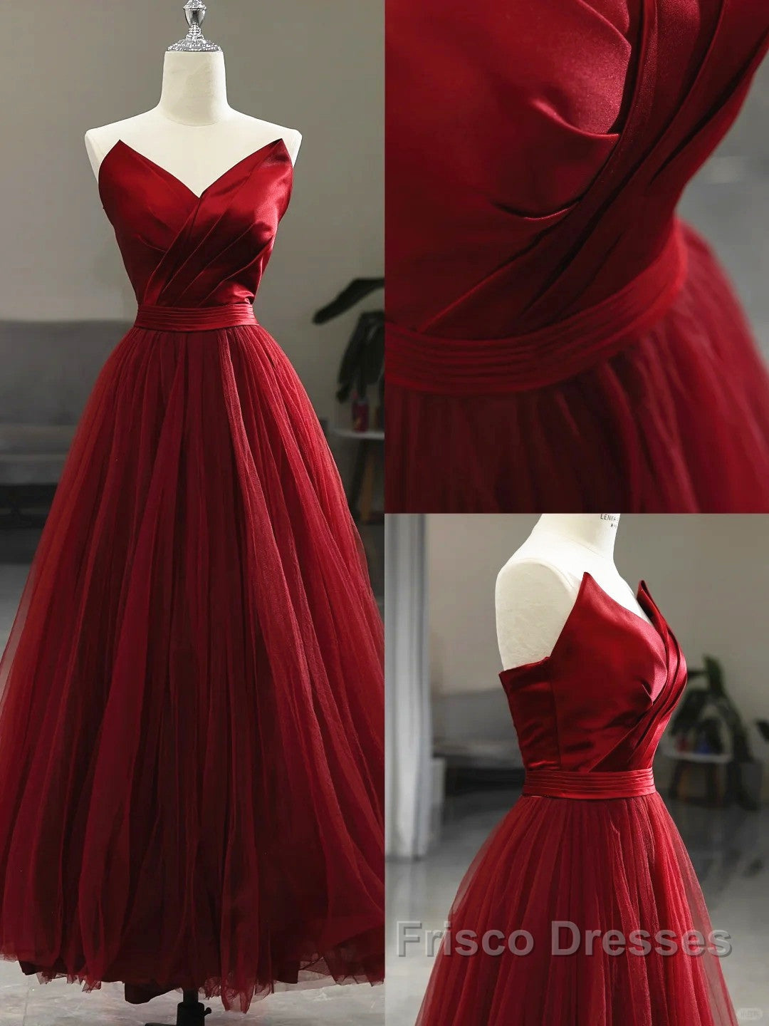 Wine Red Tea Length Tulle V-Neckline Formal Prom Dress, Wine Red Tulle Party Dress Secondary image