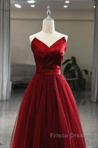 Wine Red Tea Length Tulle V-Neckline Formal Prom Dress, Wine Red Tulle Party Dress