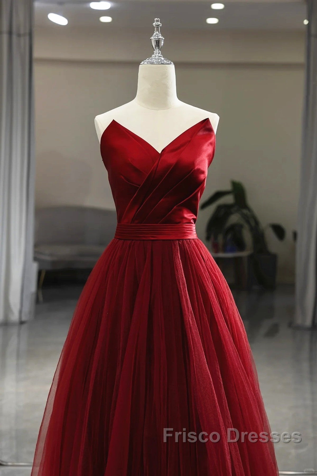 Wine Red Tea Length Tulle V-Neckline Formal Prom Dress, Wine Red Tulle Party Dress