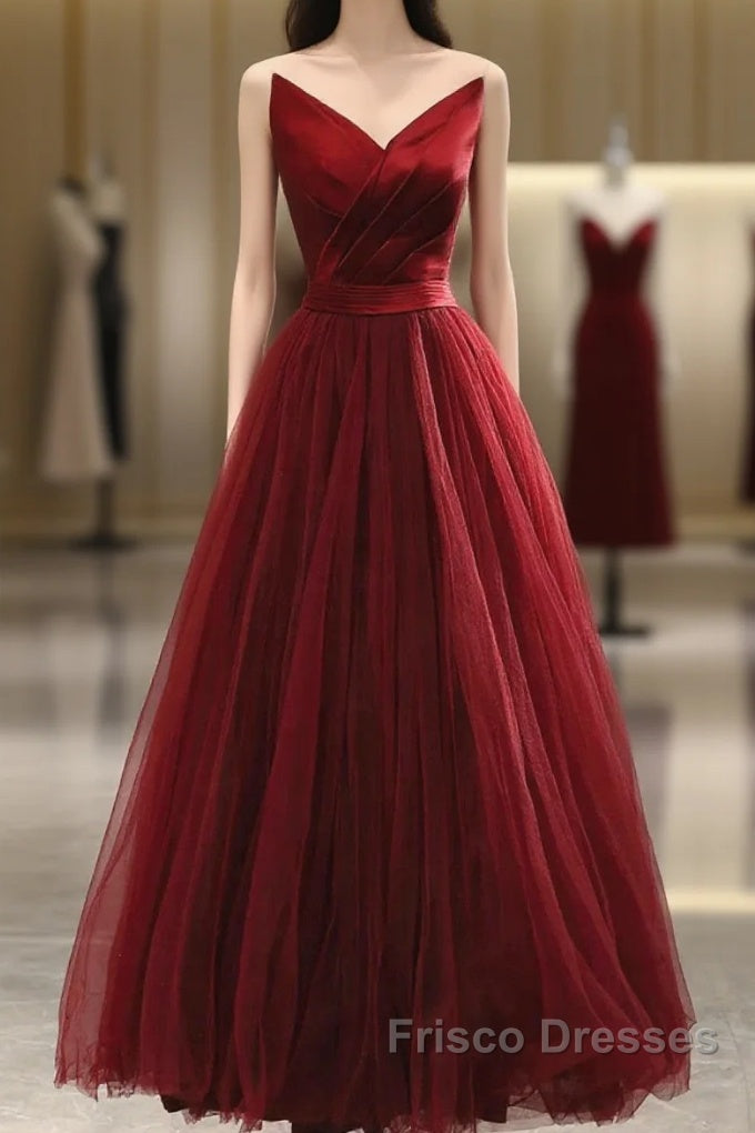 Wine Red Tea Length Tulle V-Neckline Formal Prom Dress, Wine Red Tulle Party Dress Main image