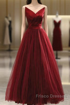 Wine Red Tea Length Tulle V-Neckline Formal Prom Dress, Wine Red Tulle Party Dress