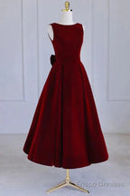 Wine Red Tea Length Velvet Party Dress with Bow, Burgundy Wedding Party Dresses