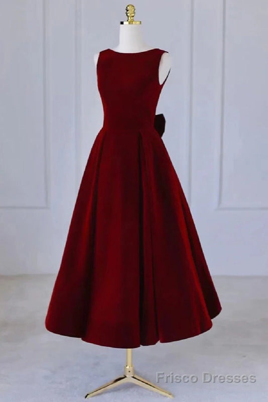 Wine Red Tea Length Velvet Party Dress with Bow, Burgundy Wedding Party Dresses Main image