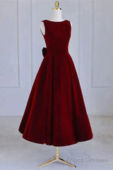 Wine Red Tea Length Velvet Party Dress with Bow, Burgundy Wedding Party Dresses