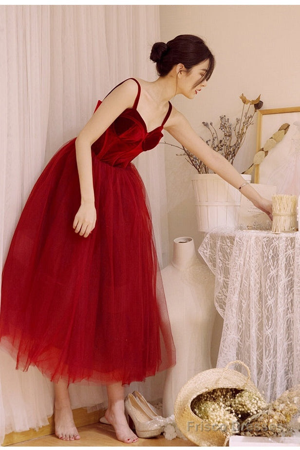Wine Red Tea Length Velvet Top And Tulle Party Dress, Dark Red Straps Evening Dress Secondary image