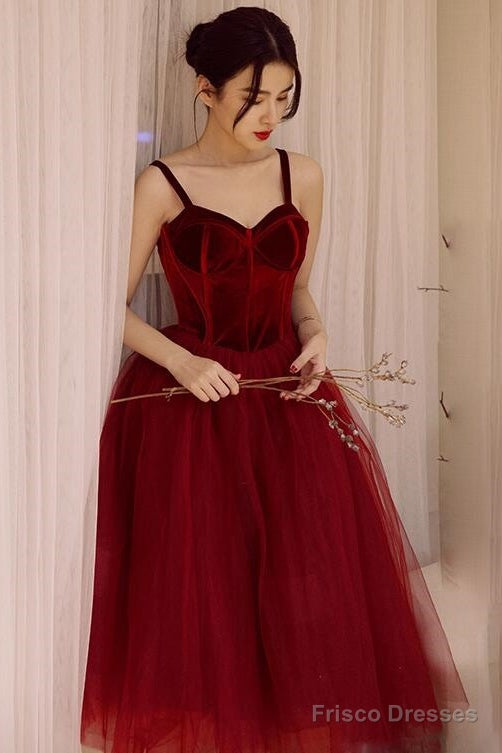 Wine Red Tea Length Velvet Top And Tulle Party Dress, Dark Red Straps Evening Dress Main image
