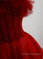 Wine Red Tull A-Line Scoop Long Formal Prom Dress, Wine Red Tulle Evening Dress