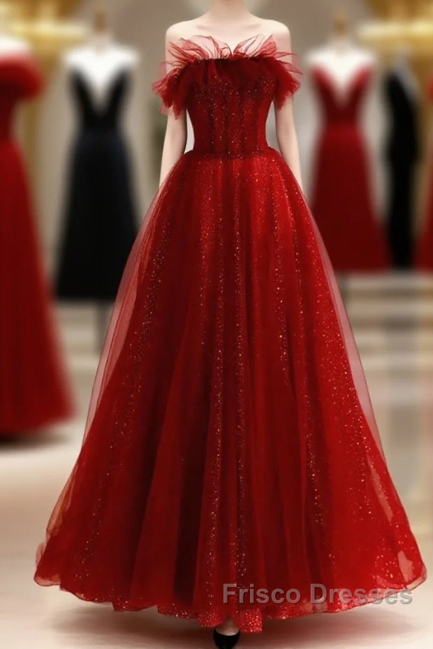 Wine Red Tull A-Line Scoop Long Formal Prom Dress, Wine Red Tulle Evening Dress Main image