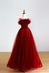 Wine Red Tull A-Line Scoop Long Prom Dress, Wine Red Tulle Evening Dress