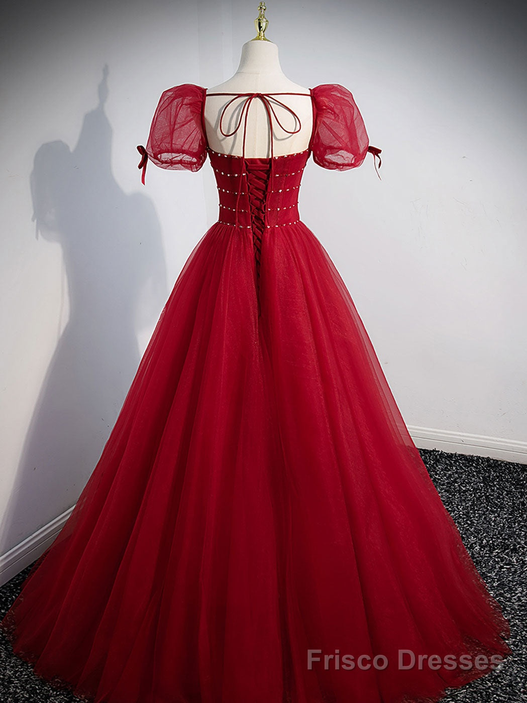 Wine Red Tulle A-line Beaded Long Prom Dress, Wine Red Formal Dress Party Dress Secondary image