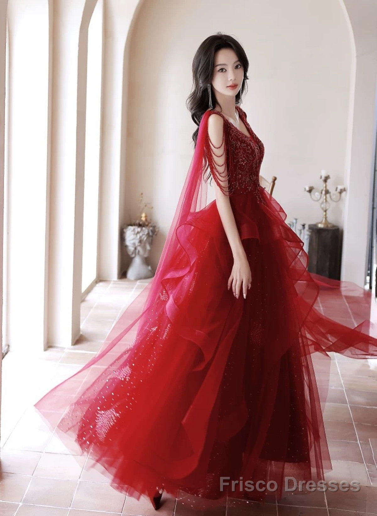 Wine Red Tulle and Beaded Long Formal Dress, Wine Red Floor Length Prom Dress Main image