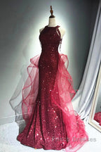 Wine Red Tulle And Sequins Halter Long Party Dress, Wine Red New Style Formal Prom Dress