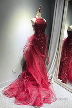 Wine Red Tulle And Sequins Halter Long Party Dress, Wine Red New Style Formal Prom Dress