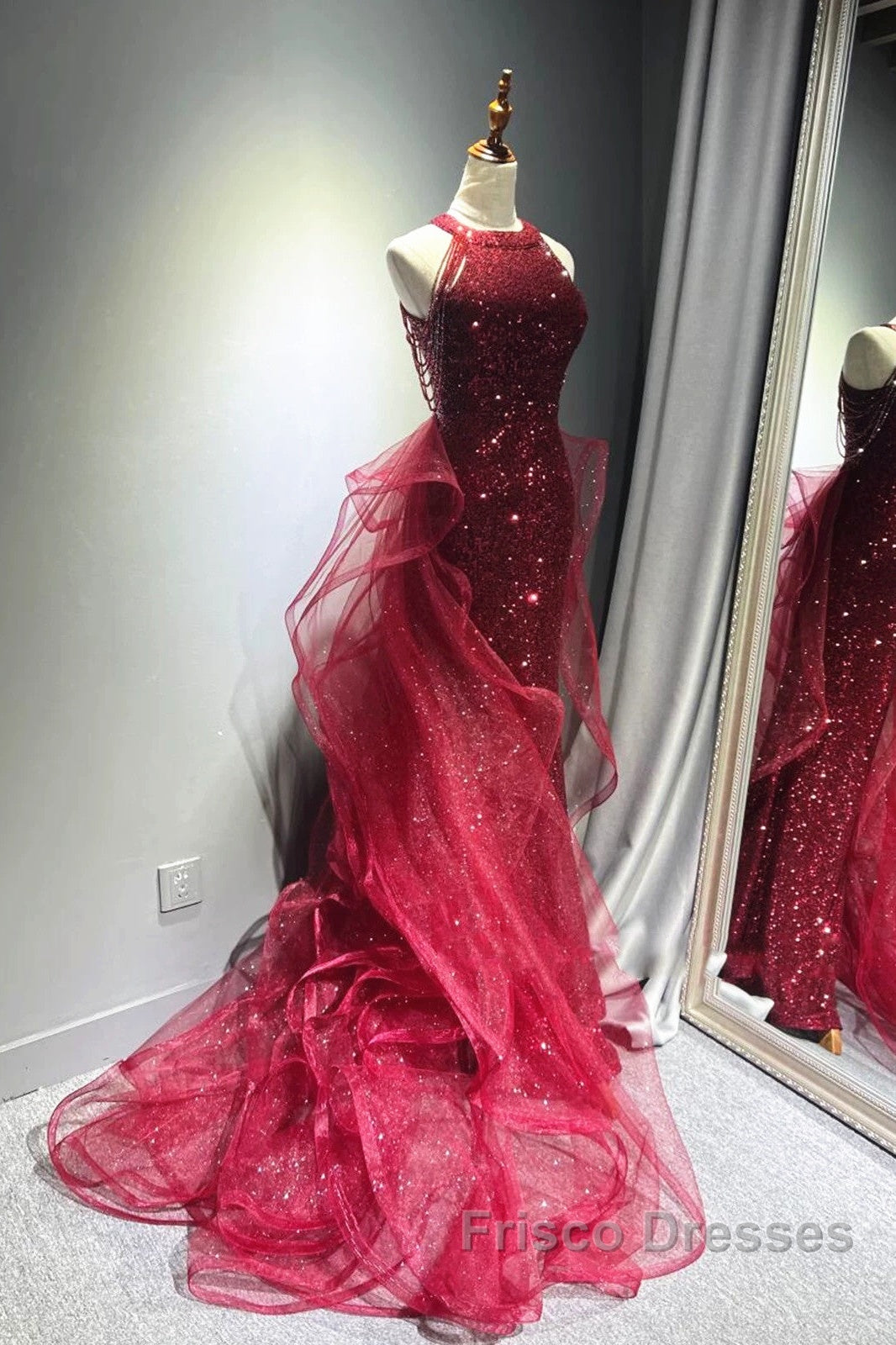 Wine Red Tulle And Sequins Halter Long Party Dress, Wine Red New Style Formal Prom Dress