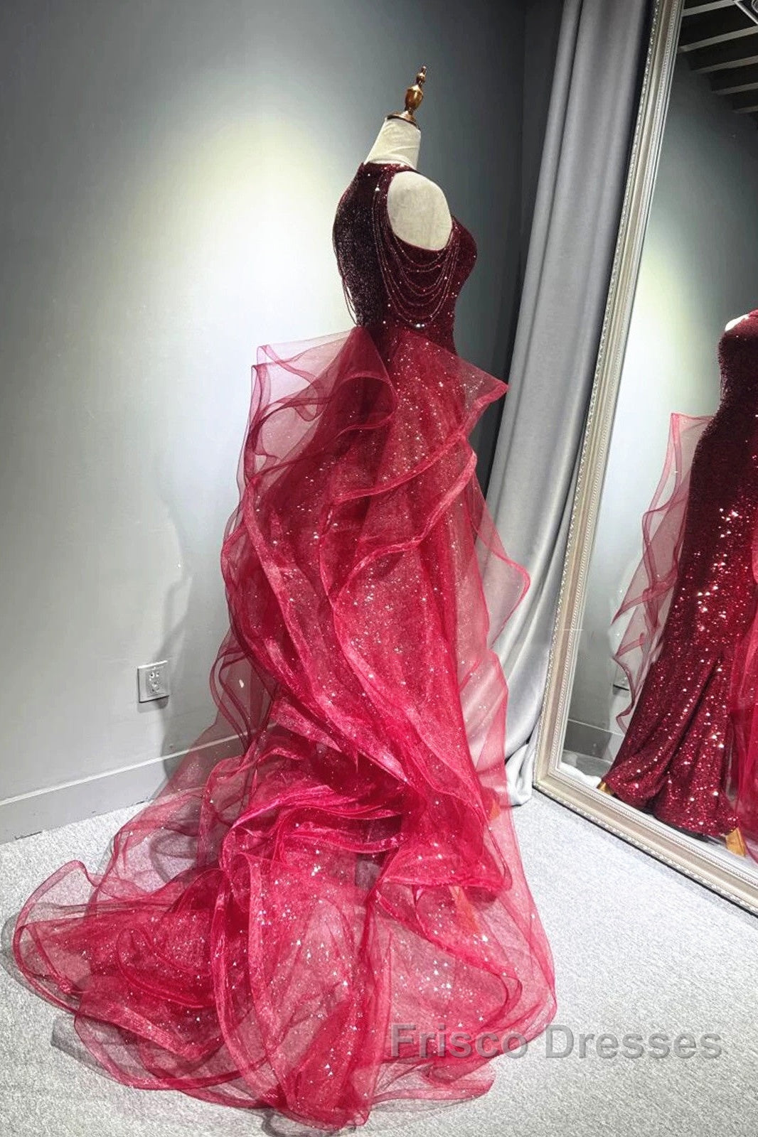 Wine Red Tulle And Sequins Halter Long Party Dress, Wine Red New Style Formal Prom Dress