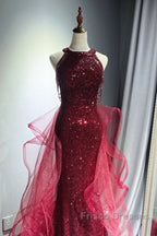 Wine Red Tulle And Sequins Halter Long Party Dress, Wine Red New Style Formal Prom Dress
