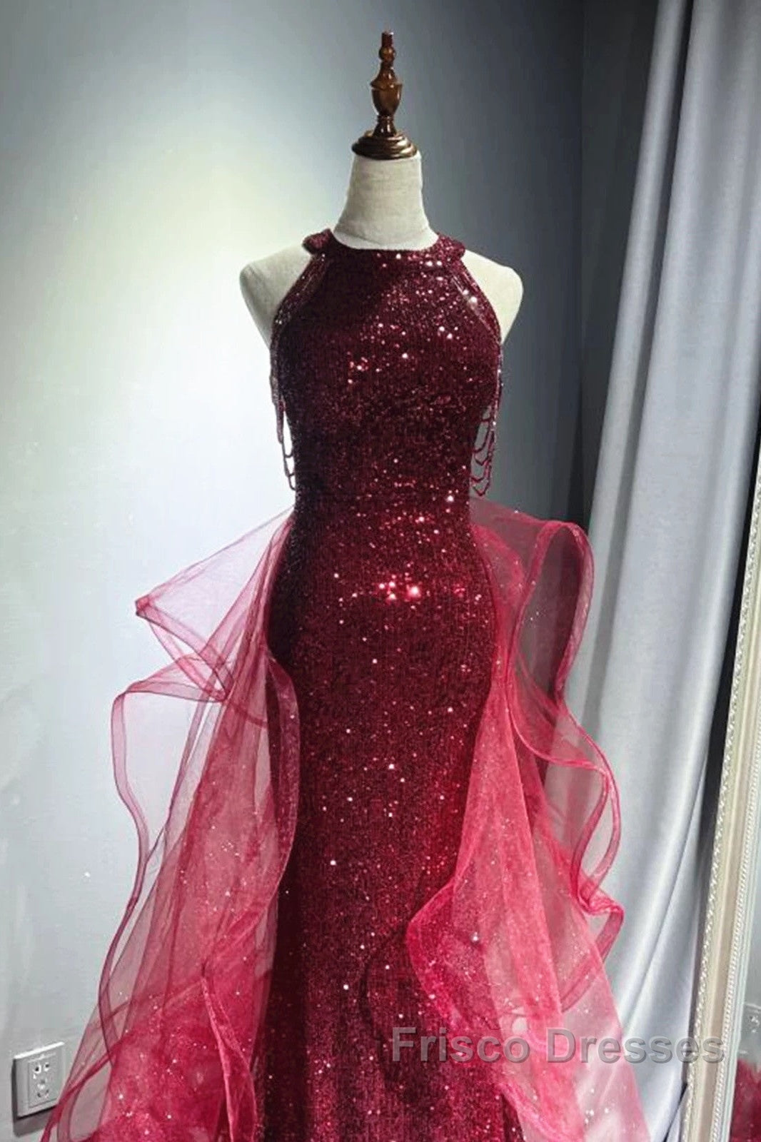 Wine Red Tulle And Sequins Halter Long Party Dress, Wine Red New Style Formal Prom Dress