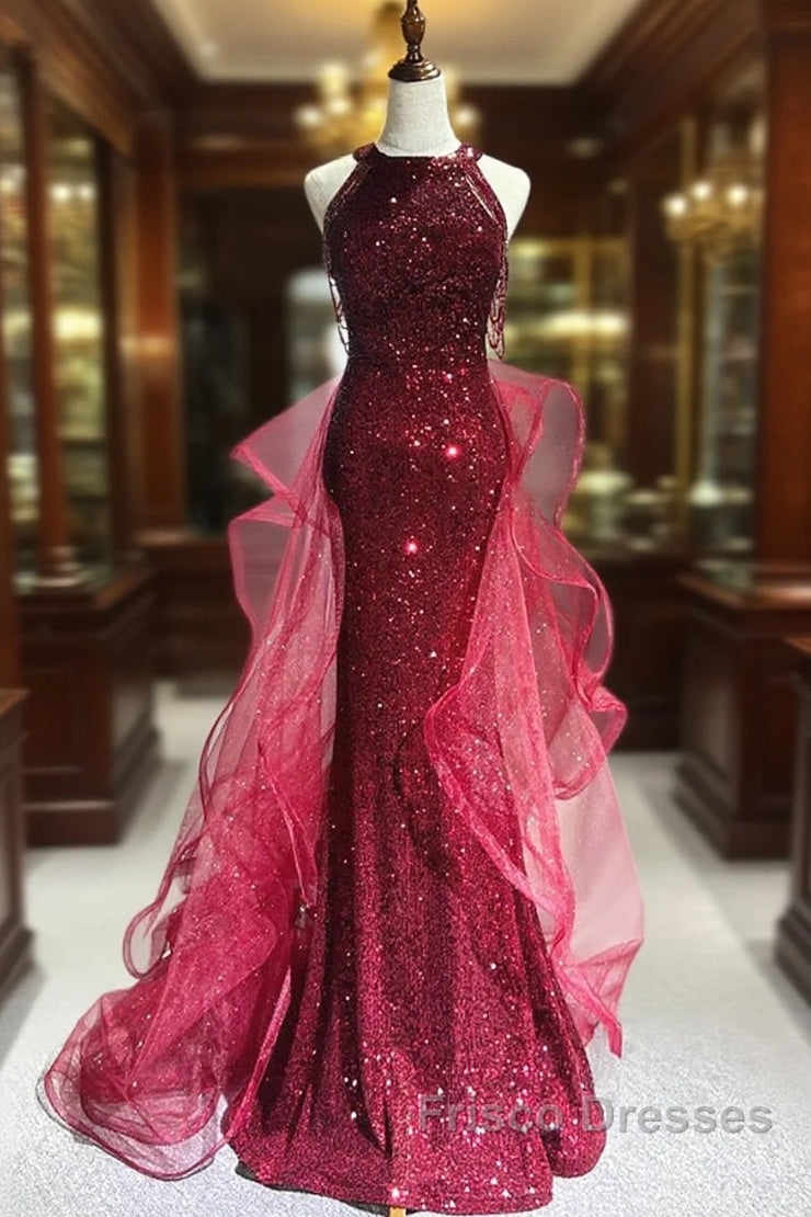 Wine Red Tulle And Sequins Halter Long Party Dress, Wine Red New Style Formal Prom Dress Main image