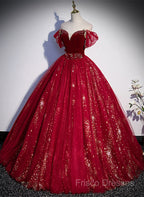 Wine Red Tulle Ball Gown Beaded Sweetheart Party Dress, Wine Red Formal Prom Dress