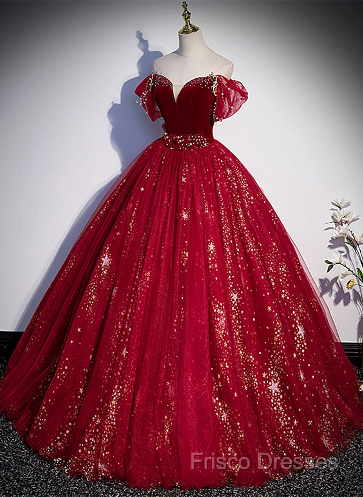 Wine Red Tulle Ball Gown Beaded Sweetheart Party Dress, Wine Red Formal Prom Dress