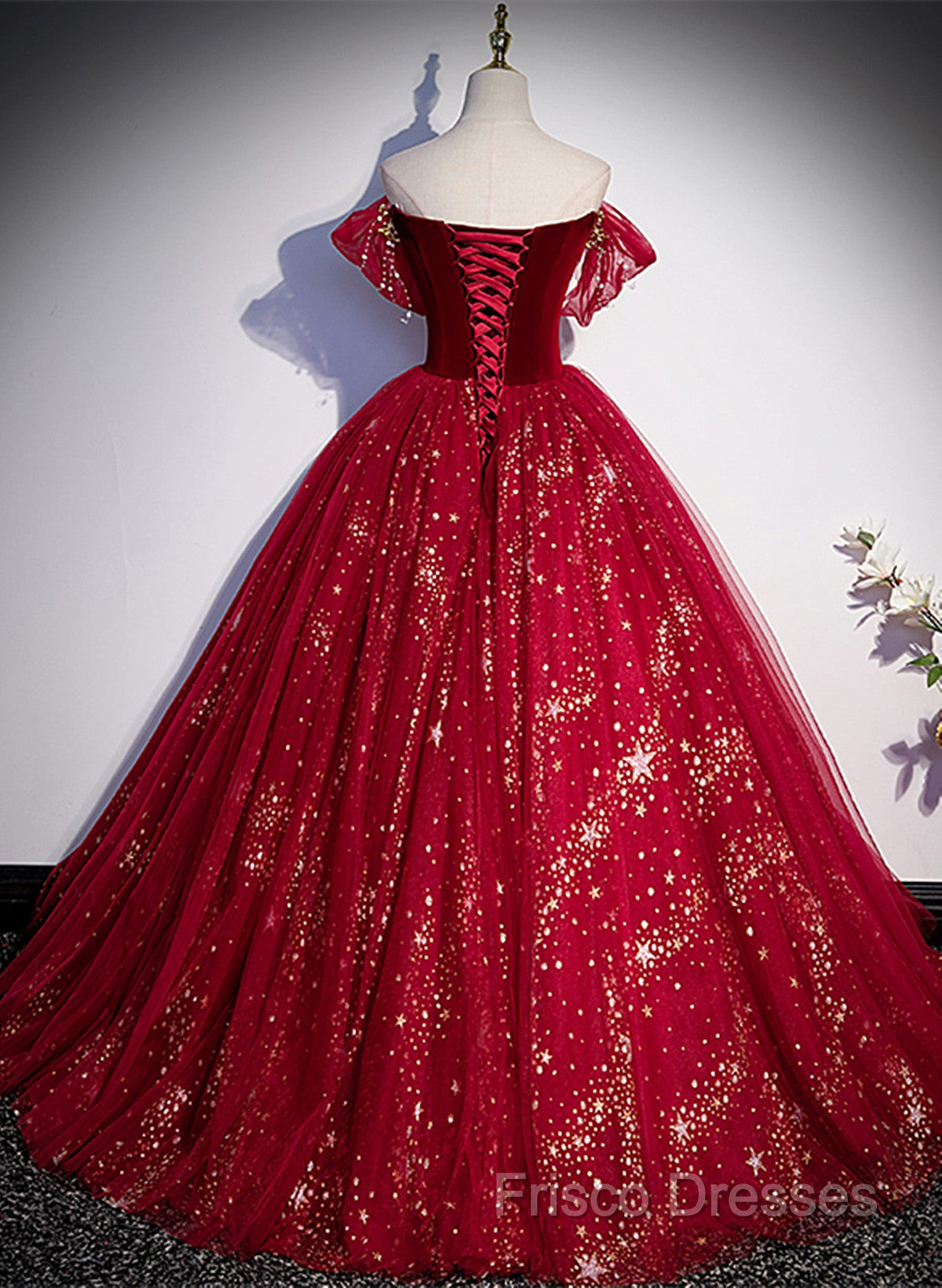 Wine Red Tulle Ball Gown Beaded Sweetheart Party Dress, Wine Red Formal Prom Dress