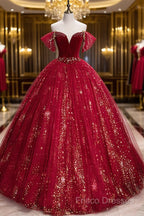 Wine Red Tulle Ball Gown Beaded Sweetheart Party Dress, Wine Red Formal Prom Dress