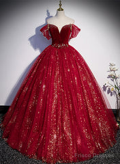 Wine Red Tulle Ball Gown Beaded Sweetheart Party Dress, Wine Red Prom Dress