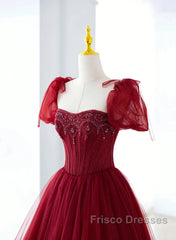 Wine Red Tulle Beaded Long Formal Prom Dress, A-Line Sweetheart Formal Evening Dress