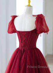 Wine Red Tulle Beaded Long Formal Prom Dress, A-Line Sweetheart Formal Evening Dress