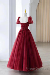 Wine Red Tulle Beaded Long Formal Prom Dress, A-Line Sweetheart Formal Evening Dress