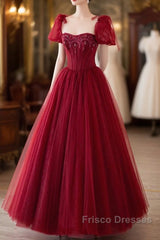 Wine Red Tulle Beaded Long Formal Prom Dress, A-Line Sweetheart Formal Evening Dress