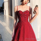 Wine Red Tulle Beaded Straps Beaded Formal Dress, Dark Red Evening Dress Party Dresses