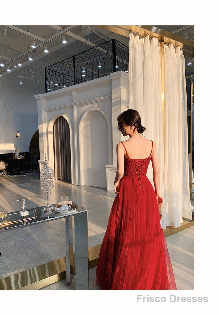 Wine Red Tulle Beaded Straps Beaded Formal Dress, Dark Red Evening Dress Party Dresses