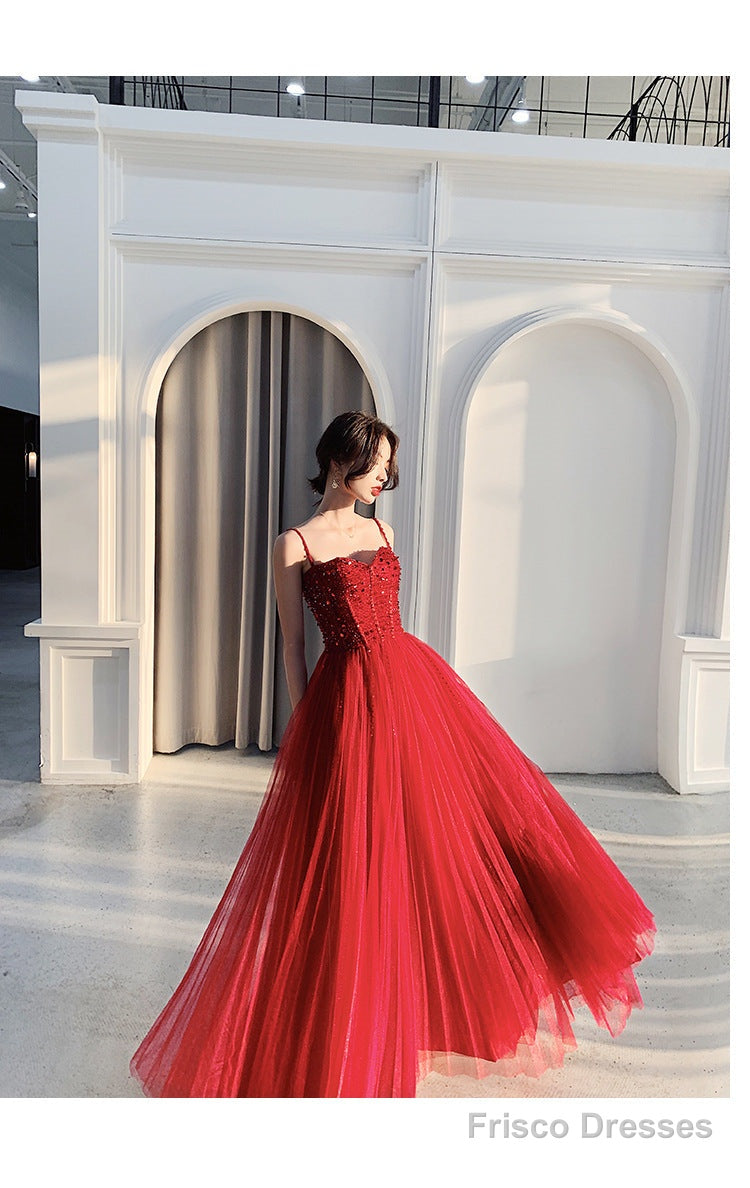 Wine Red Tulle Beaded Straps Beaded Formal Dress, Dark Red Evening Dress Party Dresses