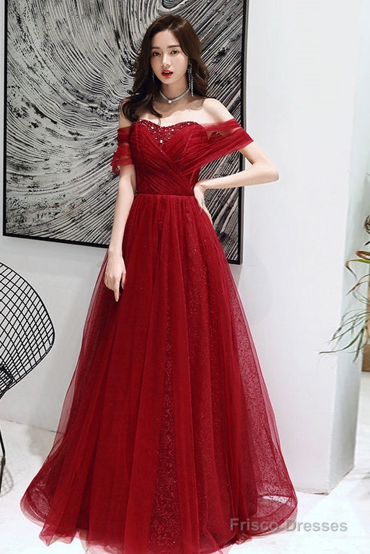 Wine Red Tulle Beaded Sweeetheart Long Evening Gown, Dark Red Prom Dress
