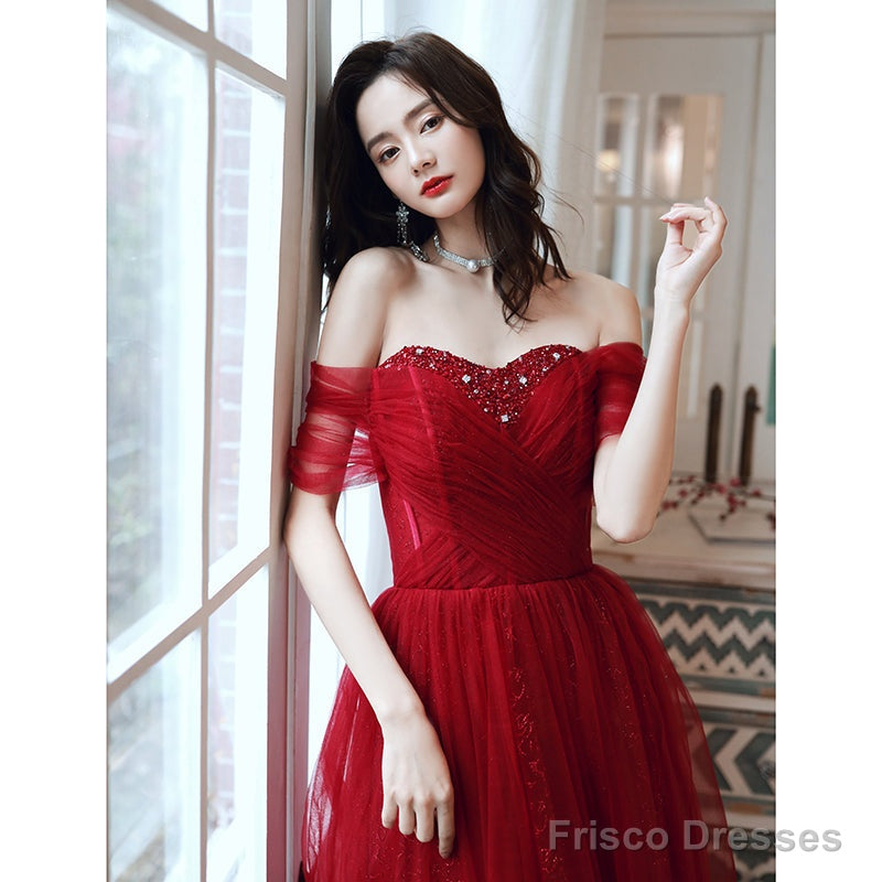 Wine Red Tulle Beaded Sweeetheart Long Evening Gown, Dark Red Prom Dress