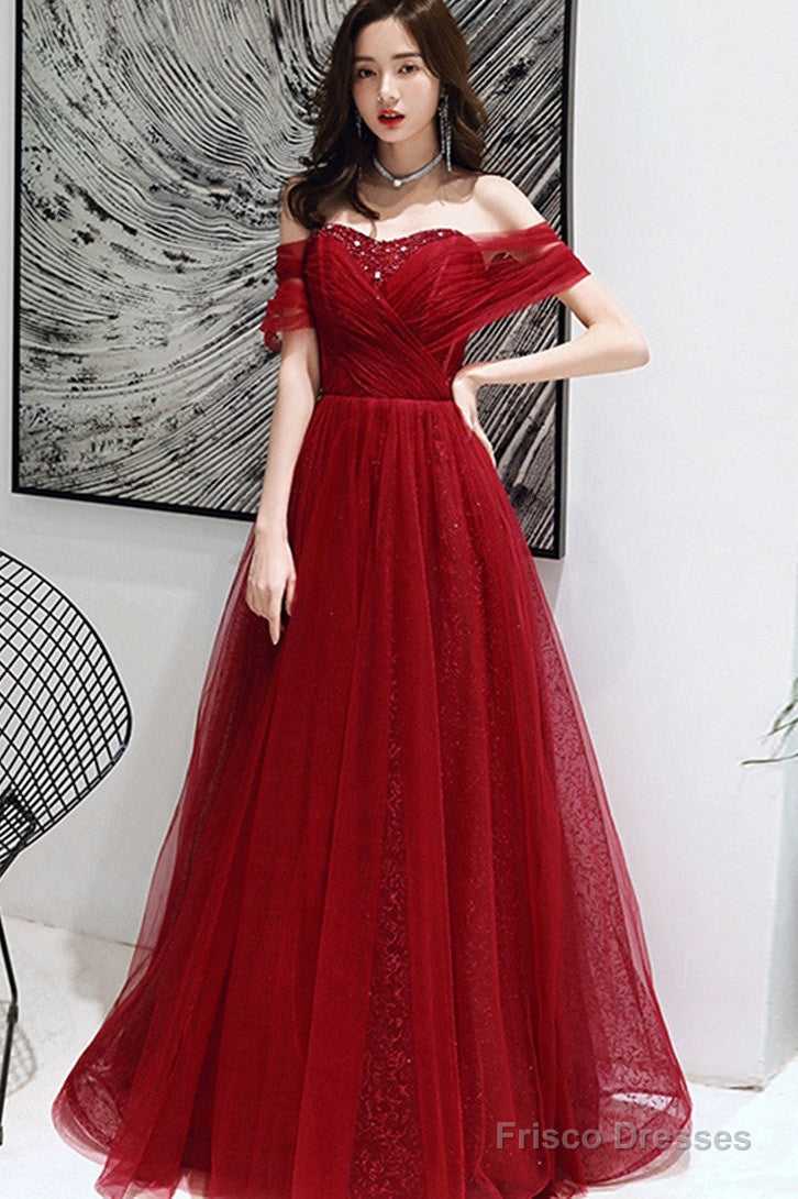 Wine Red Tulle Beaded Sweeetheart Long Evening Gown, Dark Red Prom Dress Main image