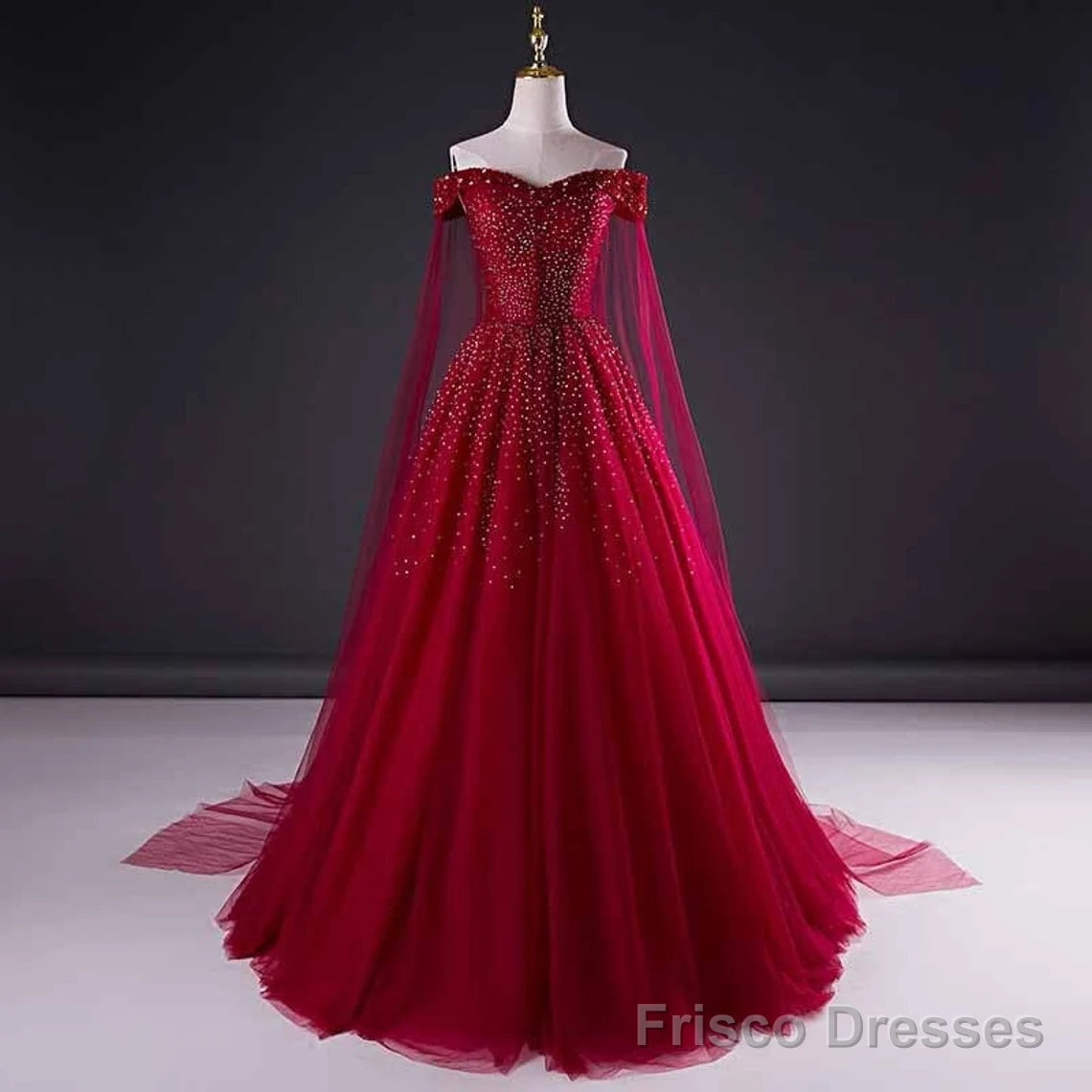 Wine Red Tulle Beaded Tulle Sparkle Long Prom Dress, Dark Red Sweet 16 Gown