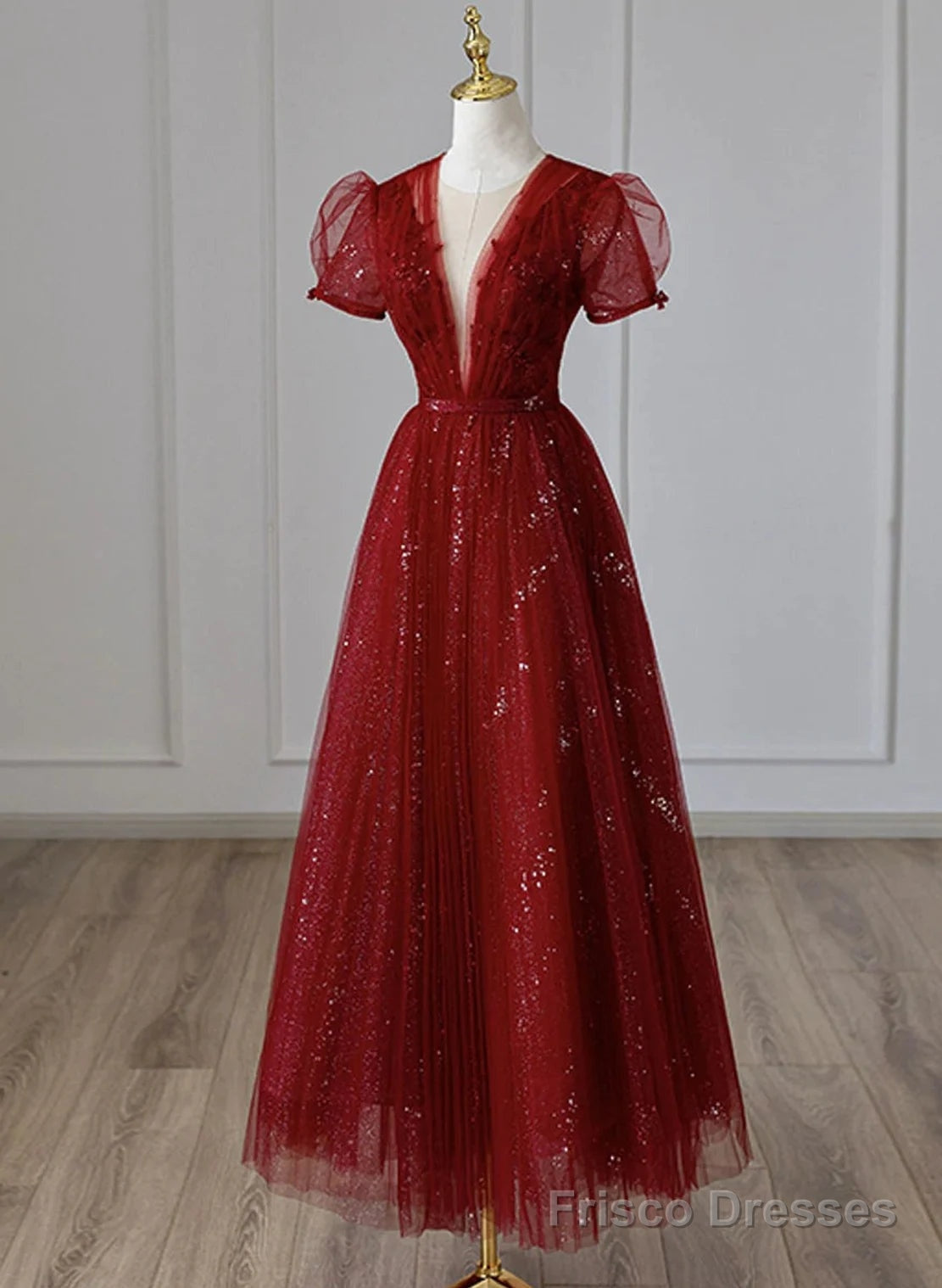 Wine Red Tulle Cap Sleeves Bridesmaid Dress, Wine Red Long Prom Dress Main image