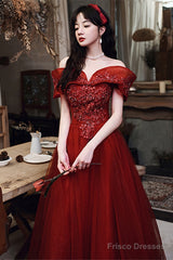 Wine Red Tulle Off Shoulder Floor Length Party Dress, Wine Red Long Prom Dress