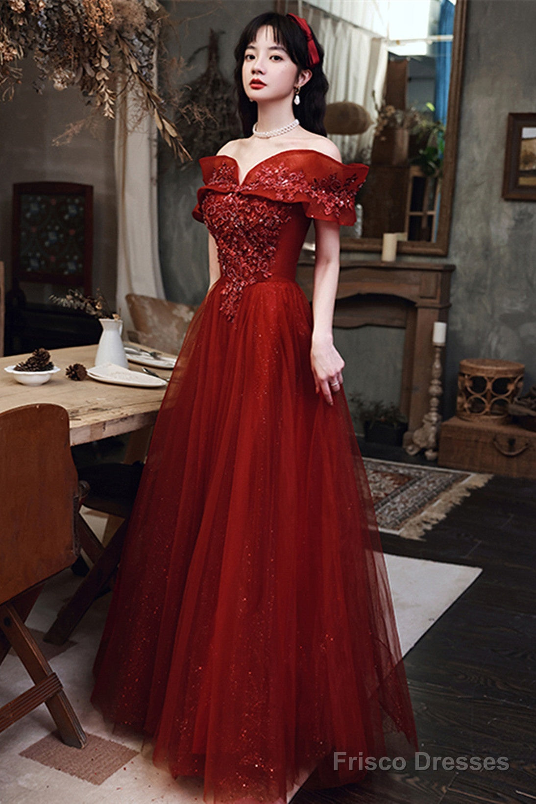 Wine Red Tulle Off Shoulder Floor Length Party Dress, Wine Red Long Prom Dress Main image