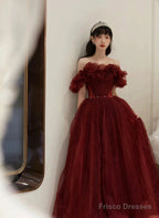 Wine Red Tulle Off Shoulder Long Party Dress, Wine Red Tulle Prom Dress