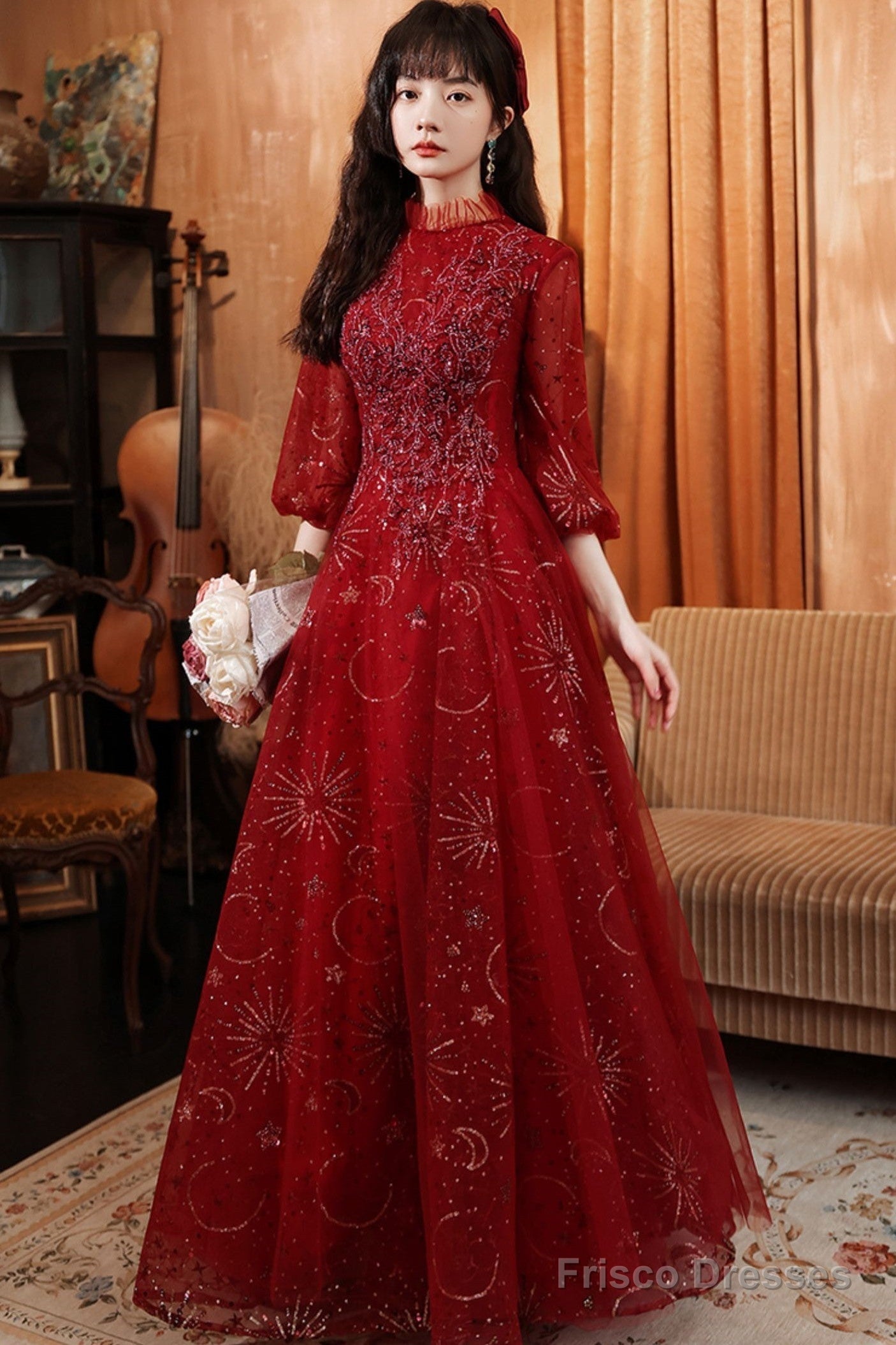 Wine Red Tulle Puffy Sleeves Long Party Dress, Wine Red Long Prom Dress