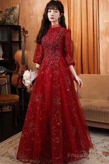 Wine Red Tulle Puffy Sleeves Long Party Dress, Wine Red Long Prom Dress