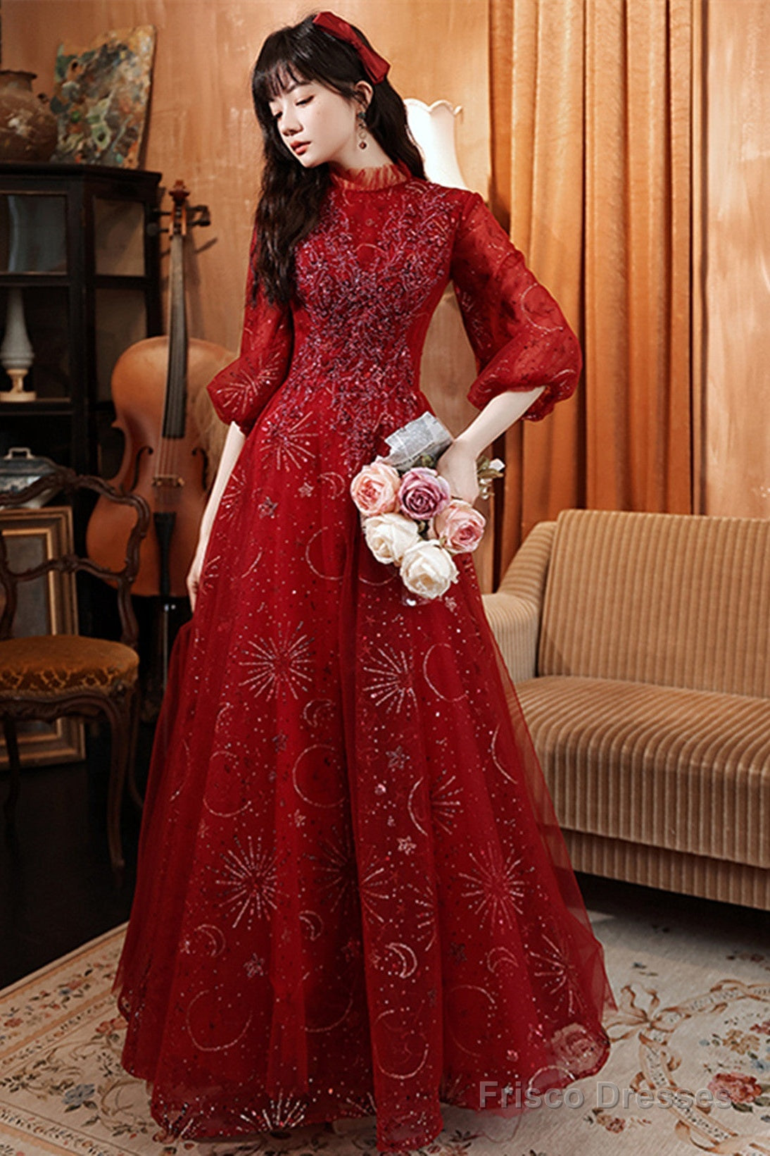 Wine Red Tulle Puffy Sleeves Long Party Dress, Wine Red Long Prom Dress