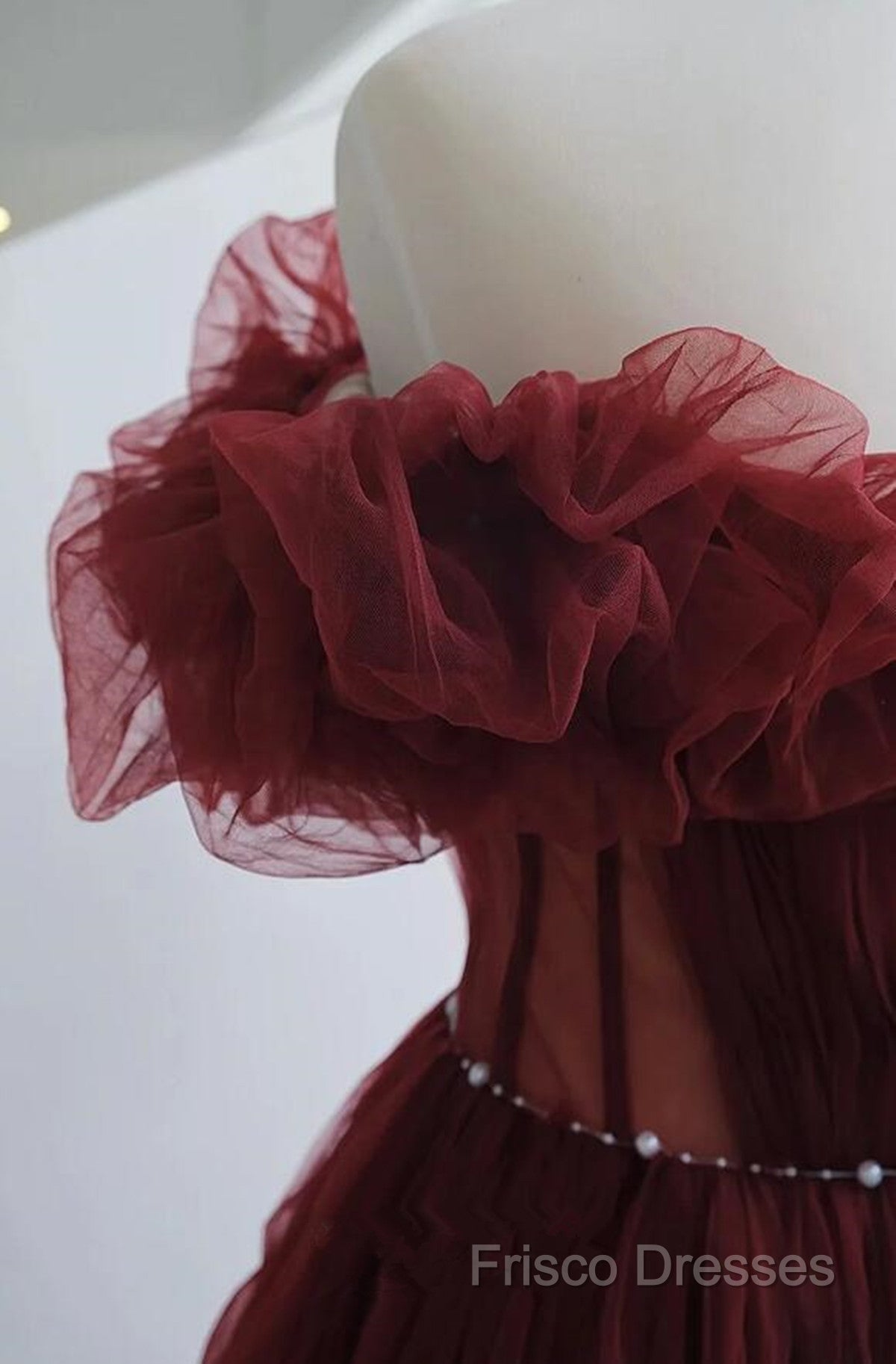 Wine Red Tulle Sequins Long Off Shoulder Party Dress, Wine Red Tulle Formal Prom Dress Secondary image