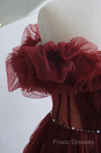 Wine Red Tulle Sequins Long Off Shoulder Party Dress, Wine Red Tulle Formal Prom Dress